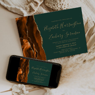 Invitation Mariage Moderne Rust Or Agate Vert Émeraude Foncé