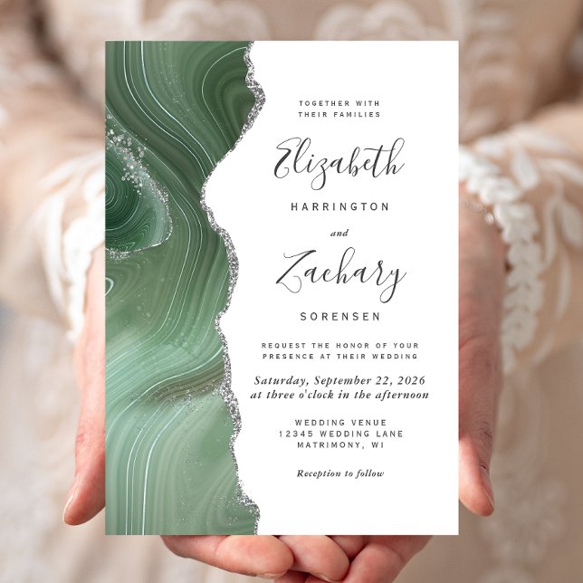 Invitation Mariage moderne Sage Green Argent Agate (Créateur téléchargé)