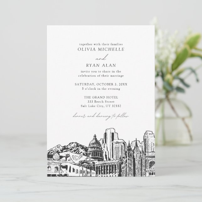 Invitation Mariage moderne Salt Lake City noir et blanc (Debout devant)