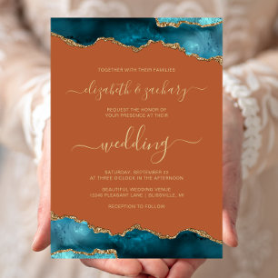 Invitation Mariage Moderne Sarcelle Or Agate Écriture Orange