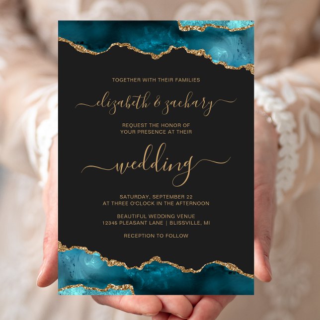 Invitation Mariage Moderne Sarcelle Or Agate Script Sombre (Créateur téléchargé)