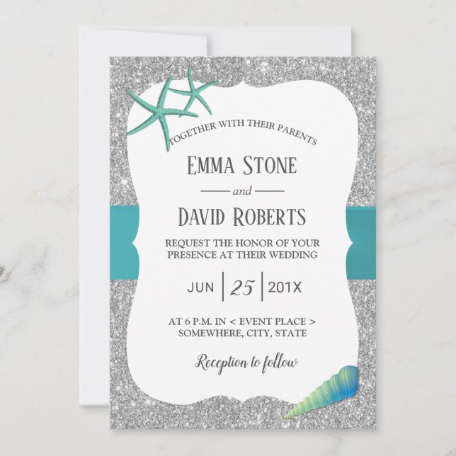 Invitation Mariage moderne Silver Turquoise Starfish Beach (Devant)