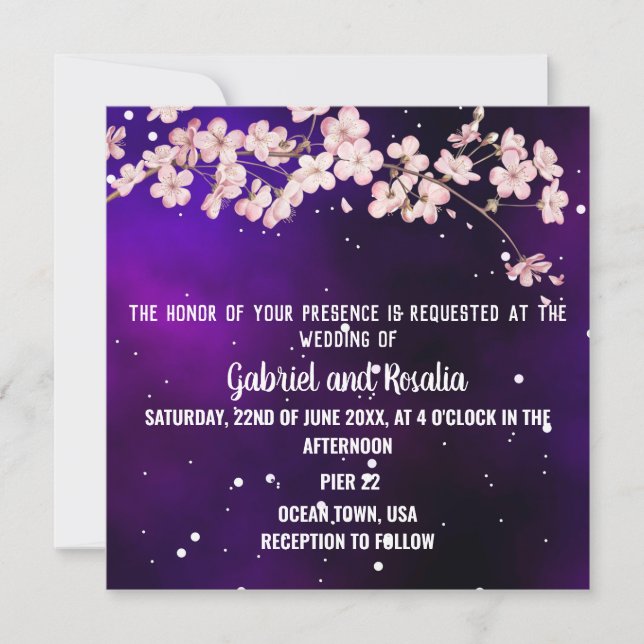 Invitation Mariage moderne Starry Night Sky & Cherry Blossom (Devant)