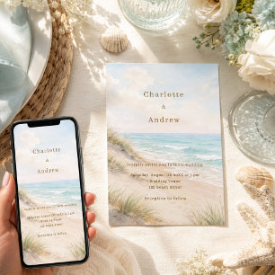 Invitation Mariage moderne sur la plage côtière à l'aquarelle