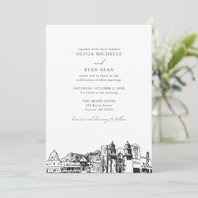 Invitation Mariage moderne Tucson Skyline noir et blanc (Debout devant)
