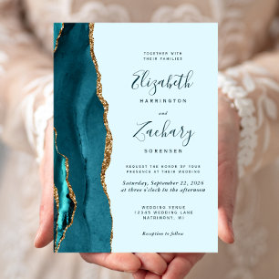 Invitation Mariage moderne Turquoise Blue Gold Agate
