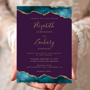 Invitation Mariage Moderne Turquoise Or Agate Violet