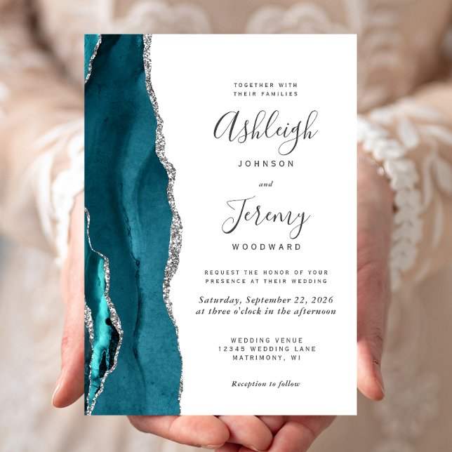 Invitation Mariage moderne Turquoise Silver Agate (Créateur téléchargé)