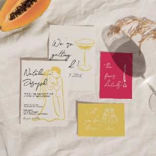 Invitation Mariage Moderne Unique Dessiné à la Main Couleurs 