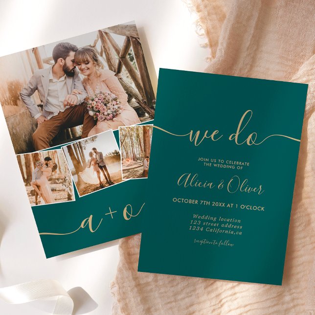Invitation Mariage moderne vert émeraude script photo initial (Créateur téléchargé)