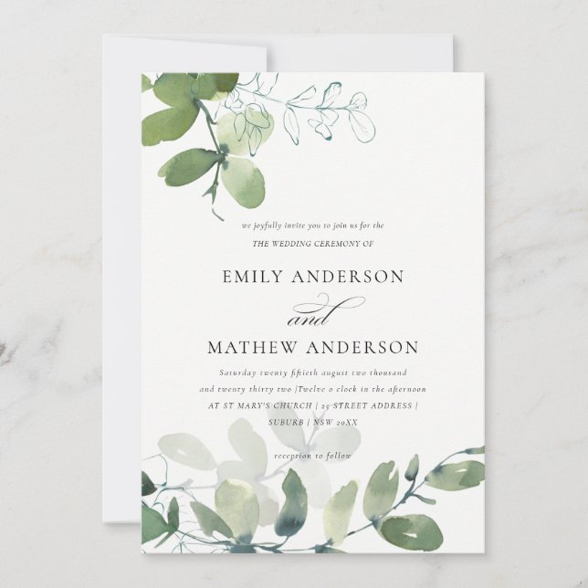 INVITATION MARIAGE MODERNE VERT EUCALYPTUS FOLIAGE EAU COULEU (Devant)