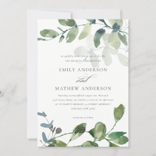 INVITATION MARIAGE MODERNE VERT EUCALYPTUS FOLIAGE EAU COULEU