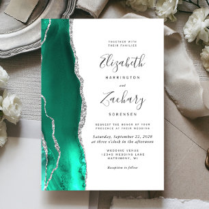 Invitation Mariage Moderne Vert Glaçon Agate Argent