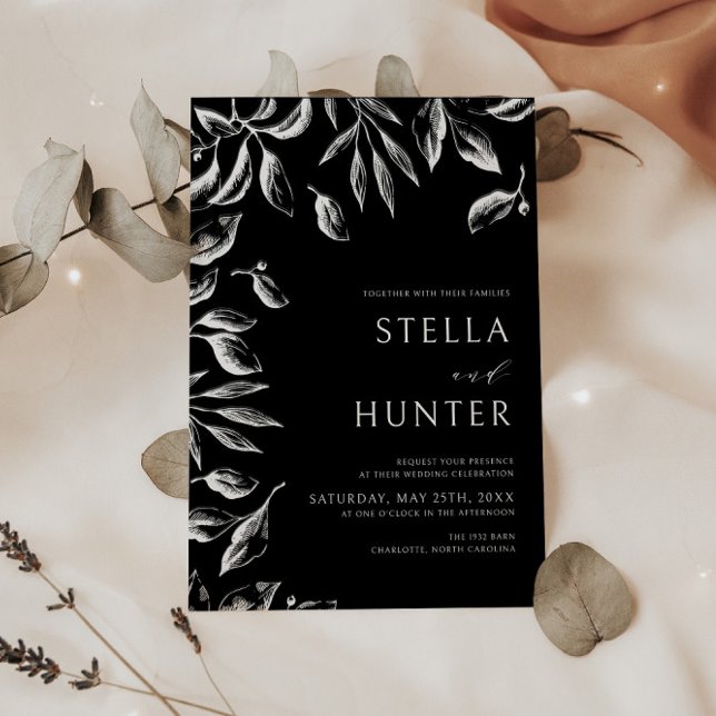 Invitation Mariage moderne Victorien Noir & Blanc de verdure (Créateur téléchargé)