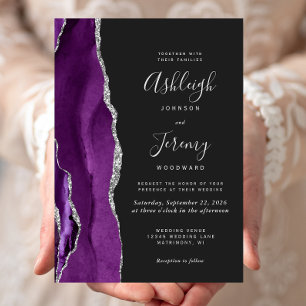 Invitation Mariage Moderne Violet Argent Agate Foncé