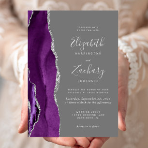 Invitation Mariage Moderne Violet Argent Agate Gris