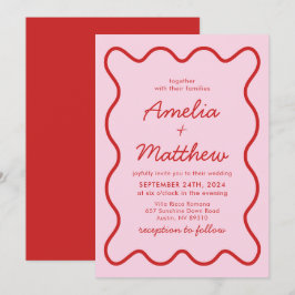 Invitation Mariage moderne Wavy rose et rouge Retro Squiggle