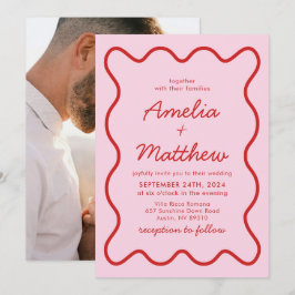 Invitation Mariage moderne Wavy rose et rouge Retro Squiggle