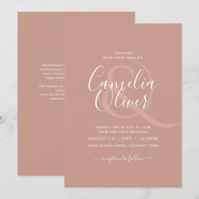 Invitation MARIAGE monochrome en terre cuite clair BUDGET (Devant / Derrière)
