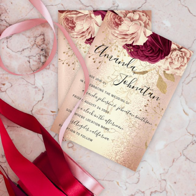 Invitation Mariage Monogram Florals BourgogneMarsala Rose Gol (Wedding Monogram Florals BurgundyMarsala Rose Gold Invitation)