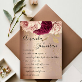 Invitation Mariage Monogram rose Florals Marsala Rose Or