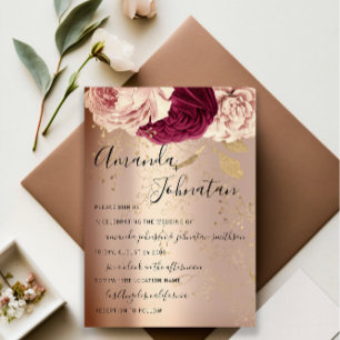Invitation Mariage Monogram rose Florals Marsala Rose Or