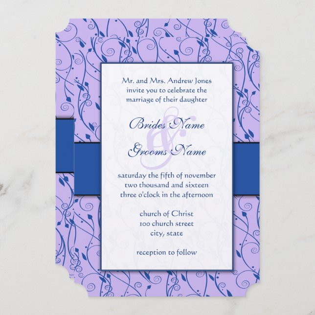 Invitation Mariage Monogram Royal Blue Lilac Swirl (Devant / Derrière)