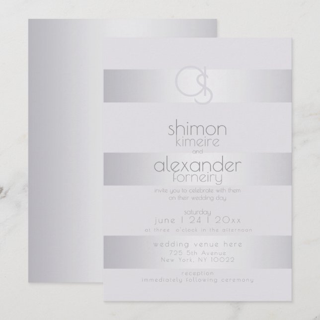 Invitation Mariage | Monogramme à bande de violet argenté (Devant / Derrière)