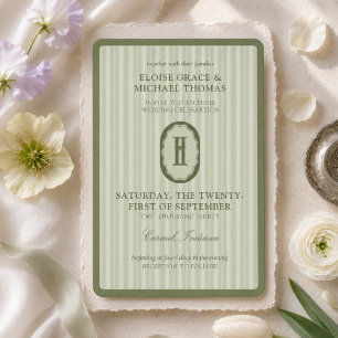 Invitation Mariage Monogramme à Rayures Vert Sauge