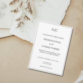 Invitation Mariage Monogramme Blanc Classique Moderne