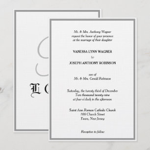 Invitation Mariage Monogramme Blanc Noir Argent Classique 