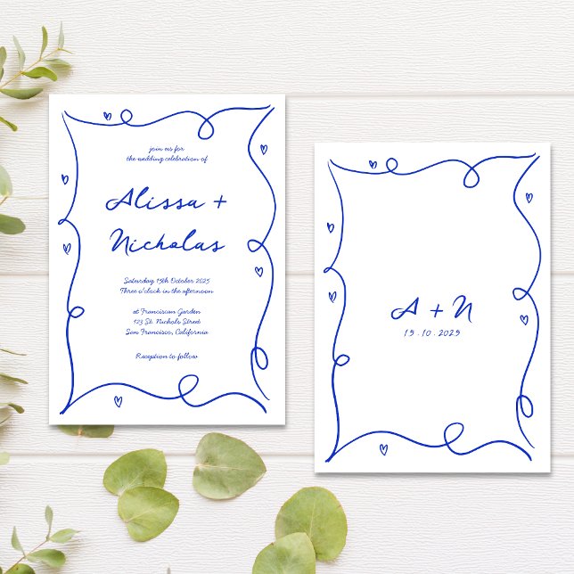Invitation Mariage Monogramme bleu à main blanche (Créateur téléchargé)