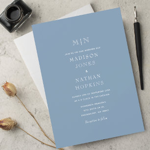 Invitation Mariage Monogramme bleu foncé minimal