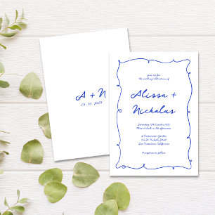 Invitation Mariage Monogramme bleu vif tiré à la main moderne