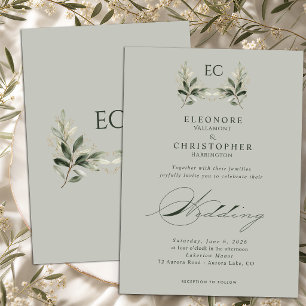 Invitation Mariage Monogramme Branche d'Olivier Vert Sauge
