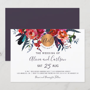 Invitation Mariage monogrammé chic à fleurs de la marine roug