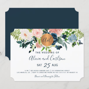 Invitation Mariage monogrammé chic de fleurs bleues de marine