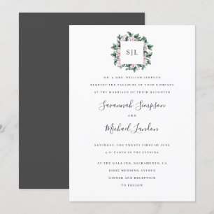Invitation Mariage monogramme chic Magnolia Eucalyptus peint