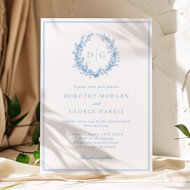 Invitation Mariage Monogramme classique en crête bleue Dusty (Créateur téléchargé)