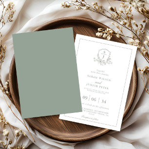 Invitation Mariage Monogramme Crête Feuillue Vert Sauge Flora