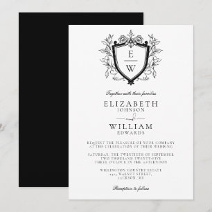 Invitation Mariage Monogramme Crête Florale Noir Et Blanc