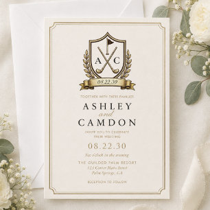 Invitation Mariage Monogramme Crête Golf Or