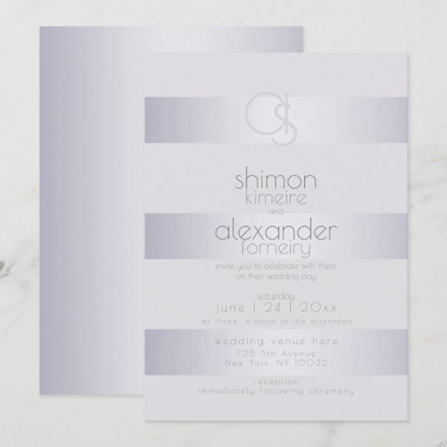 Invitation Mariage | Monogramme de bande de Shimmer Argent-Vi (Devant / Derrière)