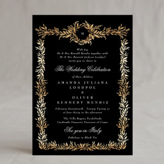 Invitation mariage monogramme de cadre botanique noir et or