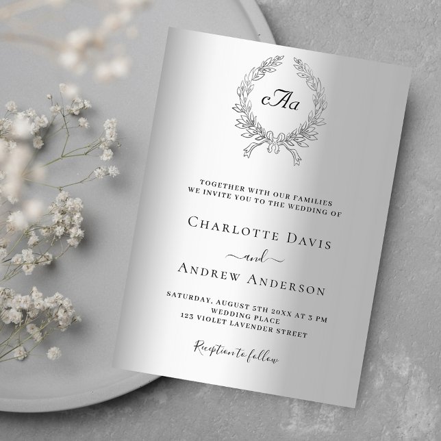 Invitation Mariage monogramme de couronne d'argent (Créateur téléchargé)