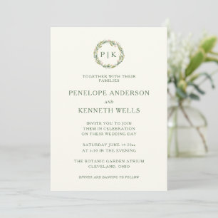 Invitation Mariage monogramme de couronnes florales rose et v