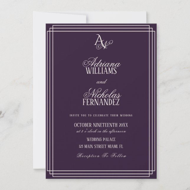 Invitation Mariage Monogramme de Luxe Prune (Devant)