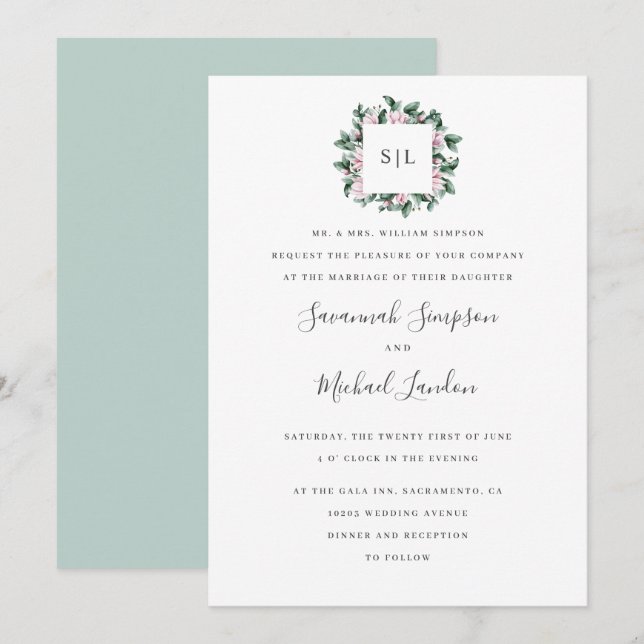 Invitation Mariage monogramme de sauge Magnolia Eucalyptus pe (Devant / Derrière)