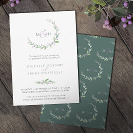 Invitation Mariage monogramme du feuillage vert mauve