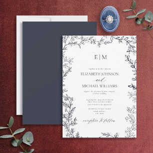 Invitation Mariage Monogramme Élégant bleu marine à feuilles 